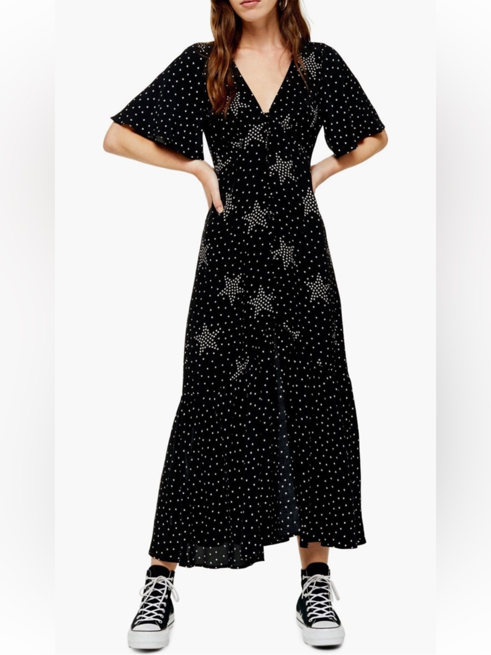 Topshop Angel Sleeve Star Print Maxi Dress, Black & White, Sz 8, NWOT